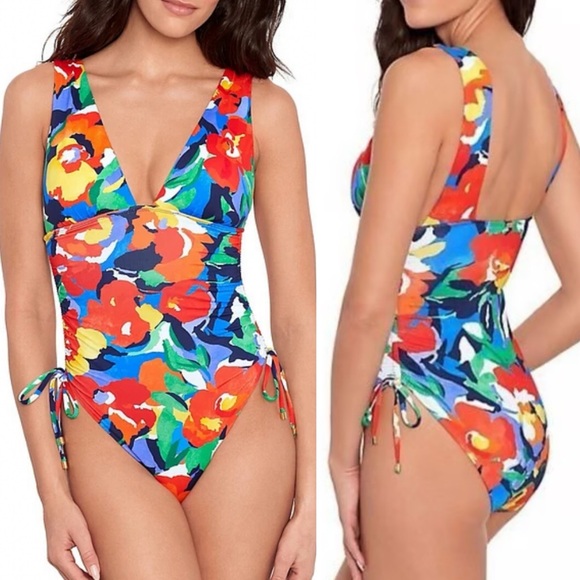 Ralph Lauren Abstract Floral Shirred Plunge One-Piece Swimsuit Bathing Suit 14 - Picture 1 of 9